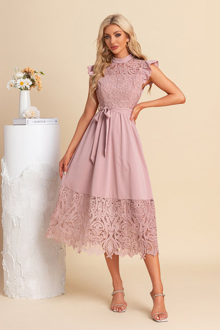 Robe Dentelle Midi Rose Brodée - gallery 5