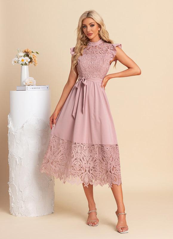Robe Dentelle Midi Rose Brodée - gallery 5