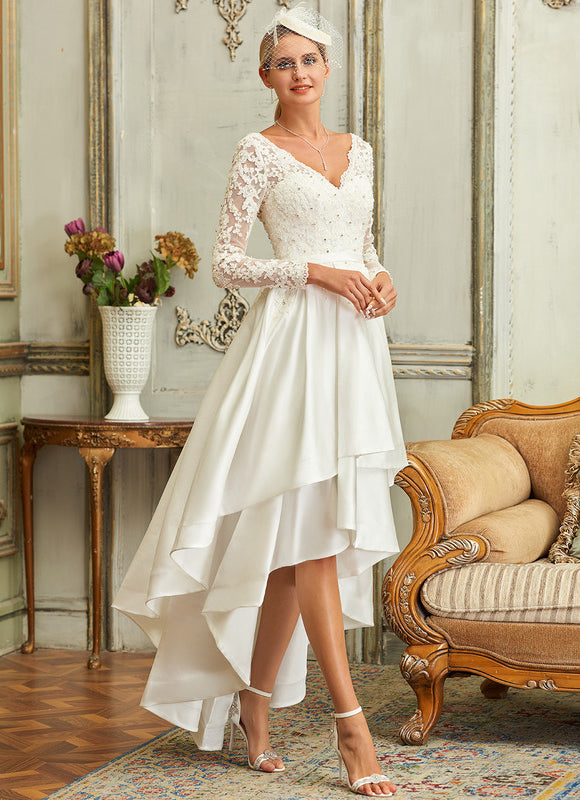 Robe Dentelle Nuptiale Asymétrique Satinée