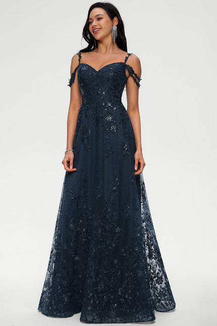 Robe Longue Dentelle Bleu Marine - gallery 3