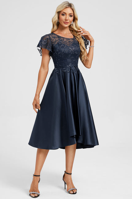 Robe Cocktail Bleu Marine Dentelle - gallery 4
