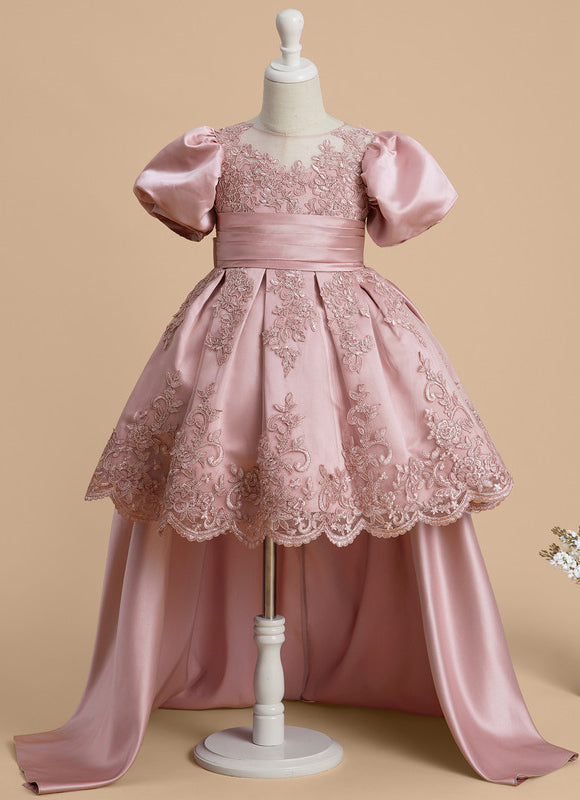 Robe Dentelle Satin Rose Élégante - gallery 1