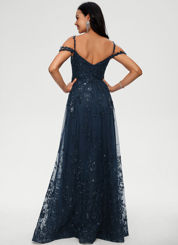 Robe Longue Dentelle Bleu Marine - gallery 2