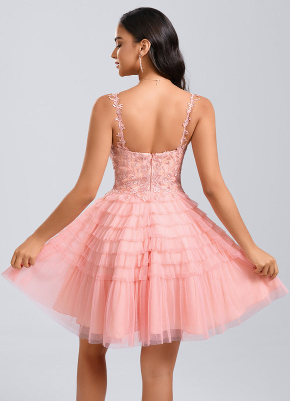 Robe Dentelle Tulle Rose Volants - gallery 5