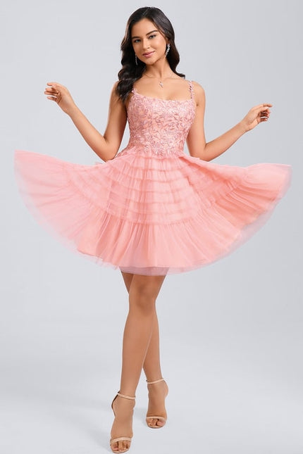 Robe Dentelle Tulle Rose Volants - gallery 3