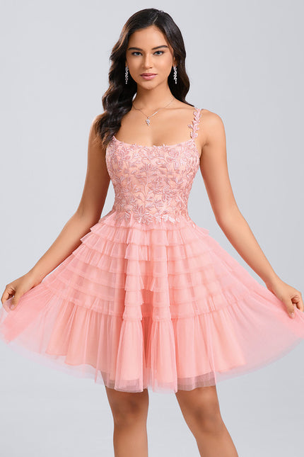 Robe Dentelle Tulle Rose Volants