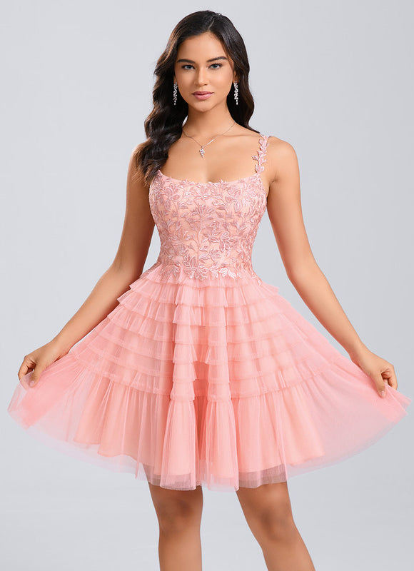 Robe Dentelle Tulle Rose Volants