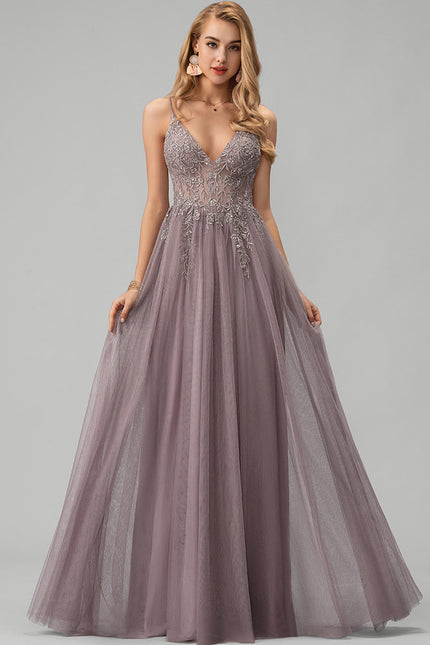 Robe Dentelle Longue Mauve Élégante - gallery 4