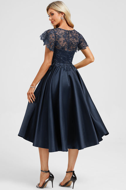 Robe Cocktail Bleu Marine Dentelle - gallery 5