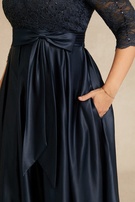 Robe Dentelle Longue Satin Marine - gallery 9