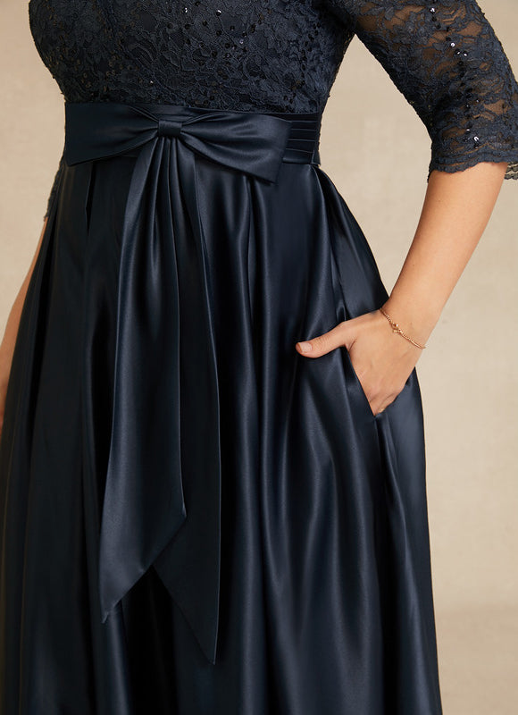 Robe Dentelle Longue Satin Marine - gallery 9