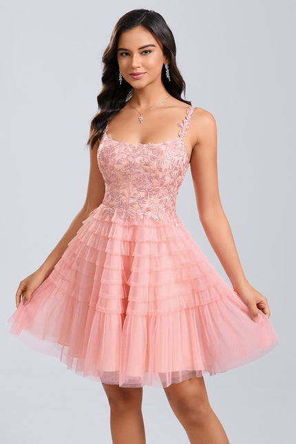 Robe Dentelle Tulle Rose Volants - gallery 1