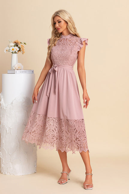 Robe Dentelle Midi Rose Brodée