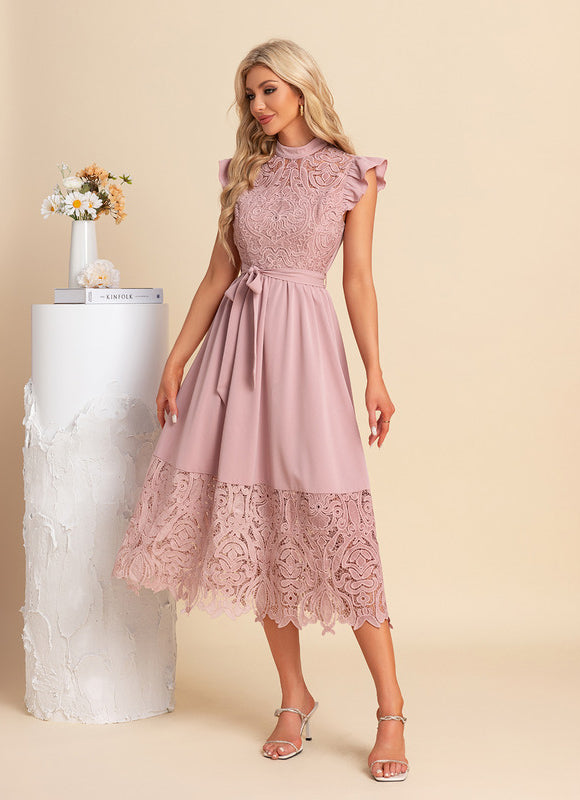 Robe Dentelle Midi Rose Brodée