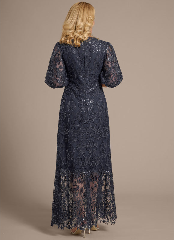 Robe Dentelle Longue En Dentelle Grise - gallery 6