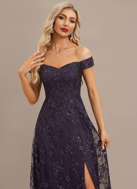 Robe Dentelle Soirée Violette Scintillante - gallery 2
