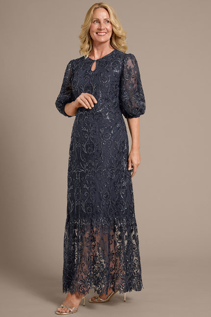 Robe Dentelle Longue En Dentelle Grise - gallery 5