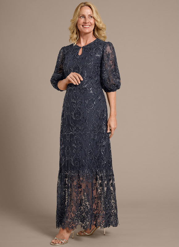 Robe Dentelle Longue En Dentelle Grise - gallery 5