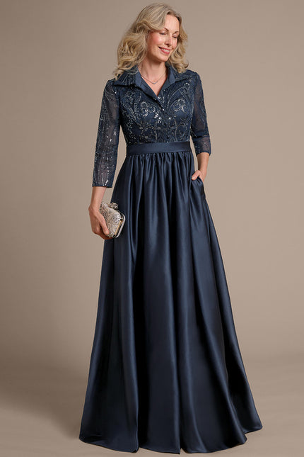 Robe Dentelle Satin Bleu Marine - gallery 5