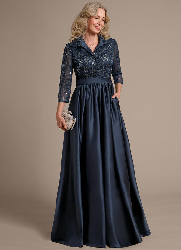 Robe Dentelle Satin Bleu Marine - gallery 5