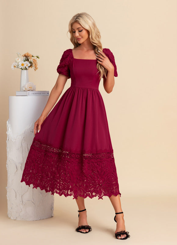 Robe Dentelle Midi Bordeaux Brodée - gallery 4