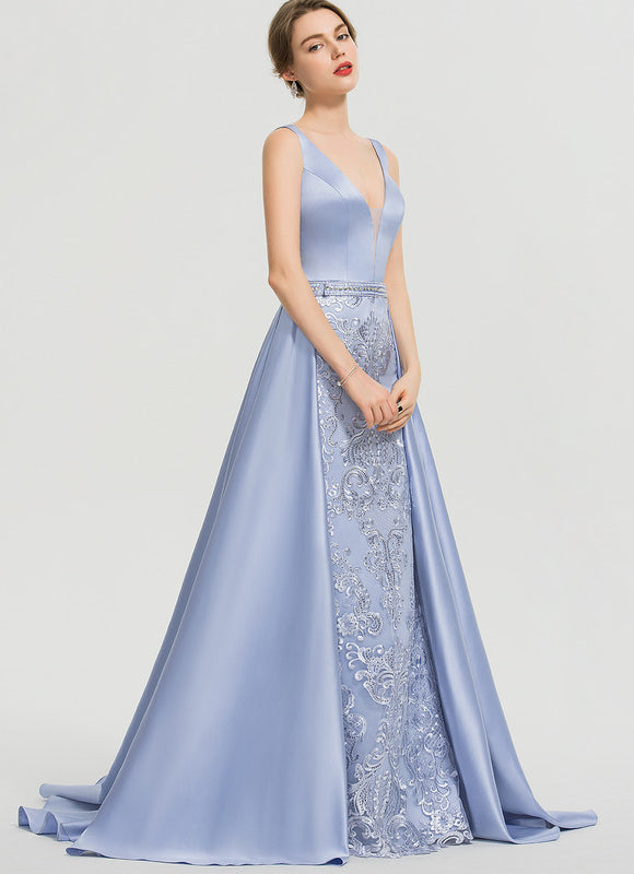 Robe Dentelle Satinée Bleue - gallery 6