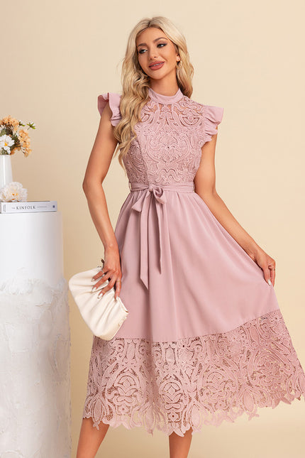 Robe Dentelle Midi Rose Brodée - gallery 1