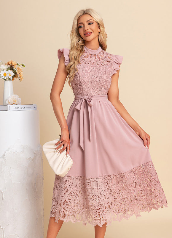 Robe Dentelle Midi Rose Brodée - gallery 1