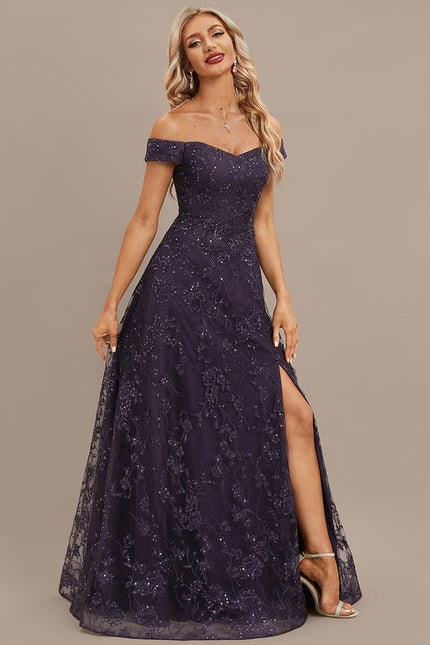 Robe Dentelle Soirée Violette Scintillante - gallery 5