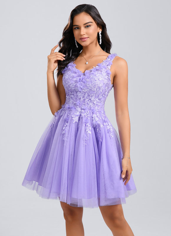 Robe Dentelle Courte Lilas Fleuri - gallery 1