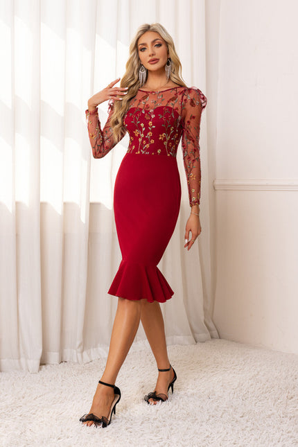 Robe Dentelle Bordeaux À Manches Transparentes - gallery 5
