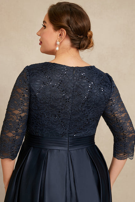Robe Dentelle Longue Satin Marine - gallery 5