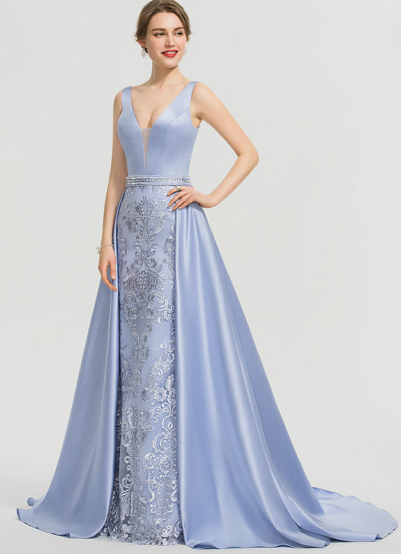 Robe Dentelle Satinée Bleue - gallery 4