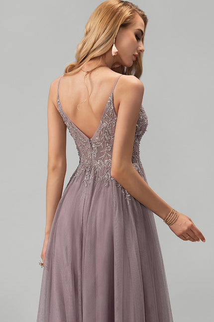 Robe Dentelle Longue Mauve Élégante - gallery 1