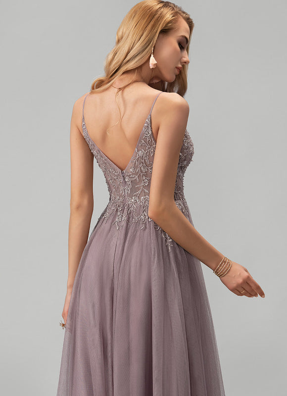 Robe Dentelle Longue Mauve Élégante - gallery 1