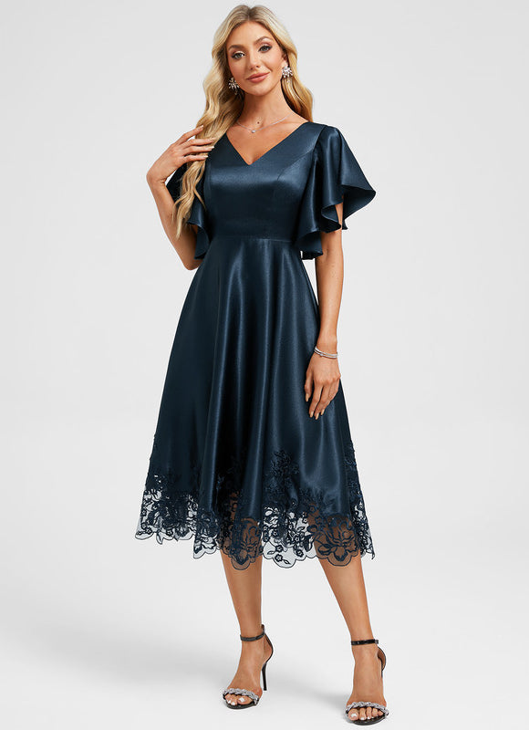 Robe Dentelle Satin Bleu Nuit - gallery 5