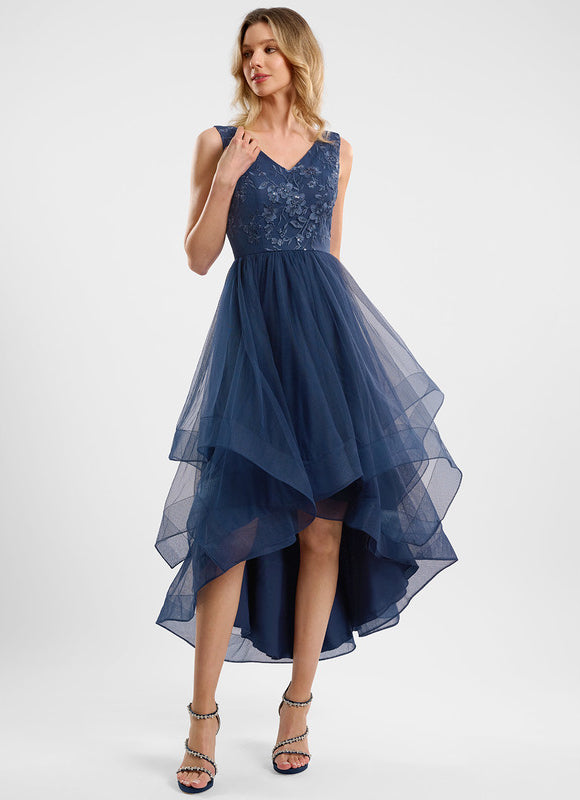 Robe Dentelle Asymétrique Marine - gallery 3
