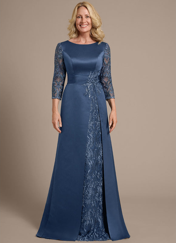 Robe Dentelle Longue Satinée Bleu