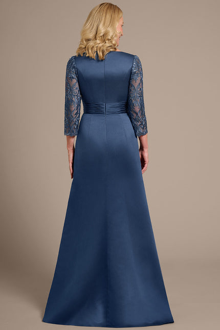 Robe Dentelle Longue Satinée Bleu - gallery 5