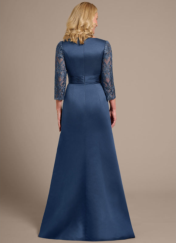 Robe Dentelle Longue Satinée Bleu - gallery 5