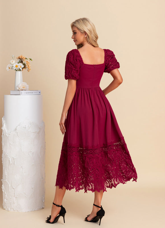 Robe Dentelle Midi Bordeaux Brodée - gallery 2