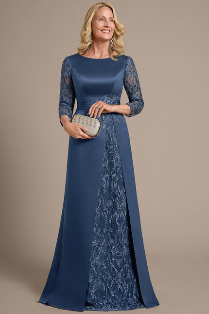 Robe Dentelle Longue Satinée Bleu - gallery 2