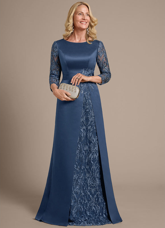 Robe Dentelle Longue Satinée Bleu - gallery 2