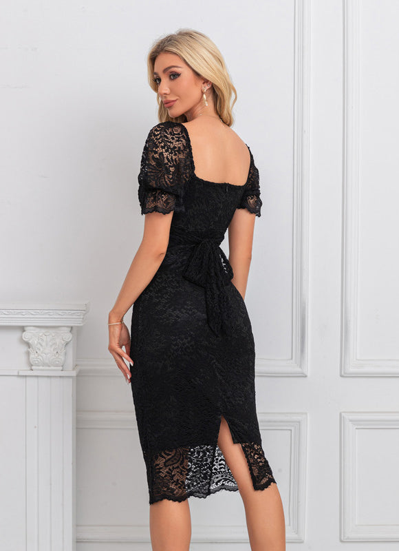 Robe Dentelle Dentelle Ajustée Noire - gallery 1