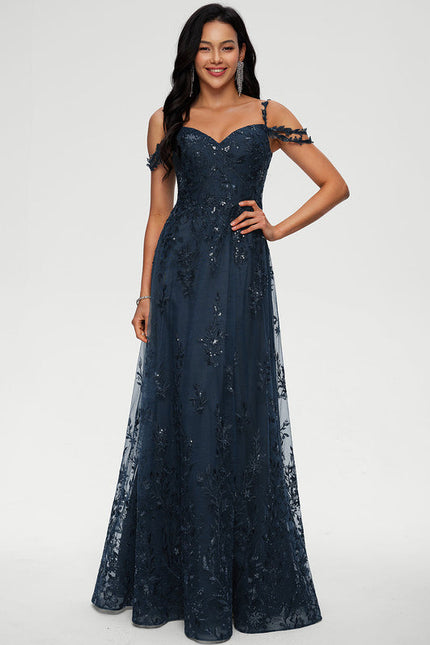 Robe Longue Dentelle Bleu Marine - gallery 1