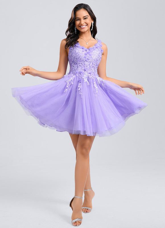Robe Dentelle Courte Lilas Fleuri - gallery 5