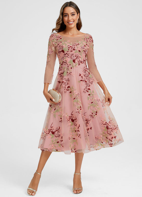 Robe Cocktail Rose Poudré Dentelle - gallery 2