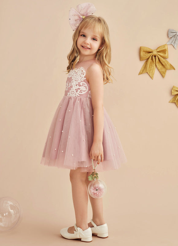 Robe Dentelle Fille Rose Perlée - gallery 4