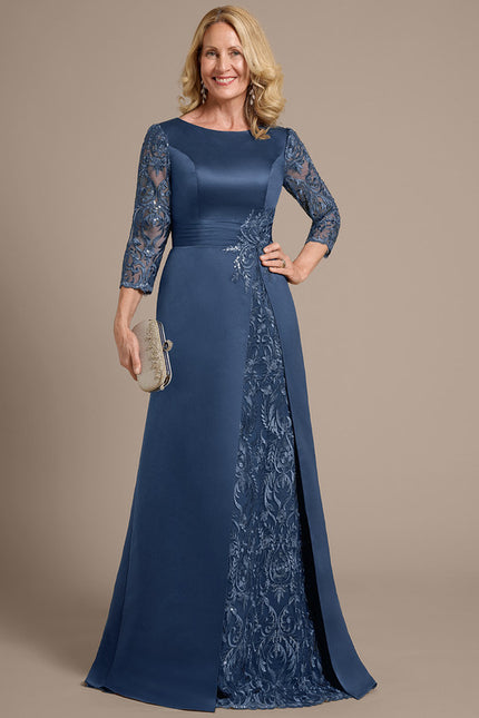 Robe Dentelle Longue Satinée Bleu - gallery 3