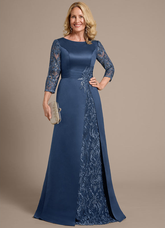 Robe Dentelle Longue Satinée Bleu - gallery 3